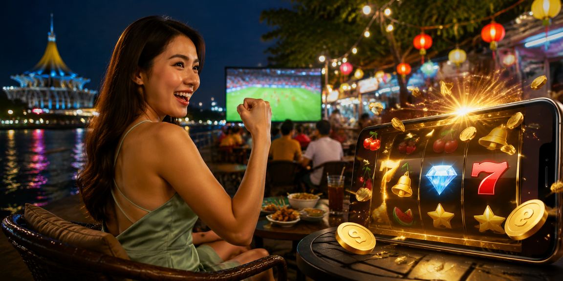 Pemain di Kuching memainkan slot dalam talian melalui telefon pintar dengan antara muka yang jelas